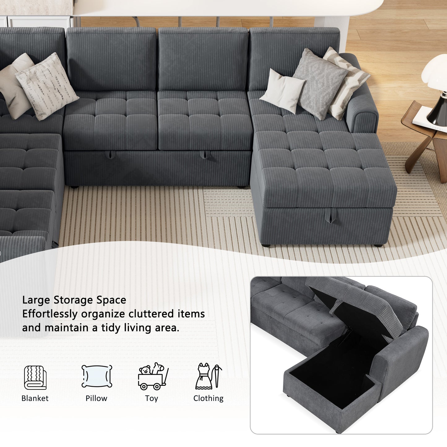 107.5" U-shaped Sofa Sectional Sofa Pull-out Sofa bed with a Storage Chaise Lounge, Charging Devices for Living Room, Gray