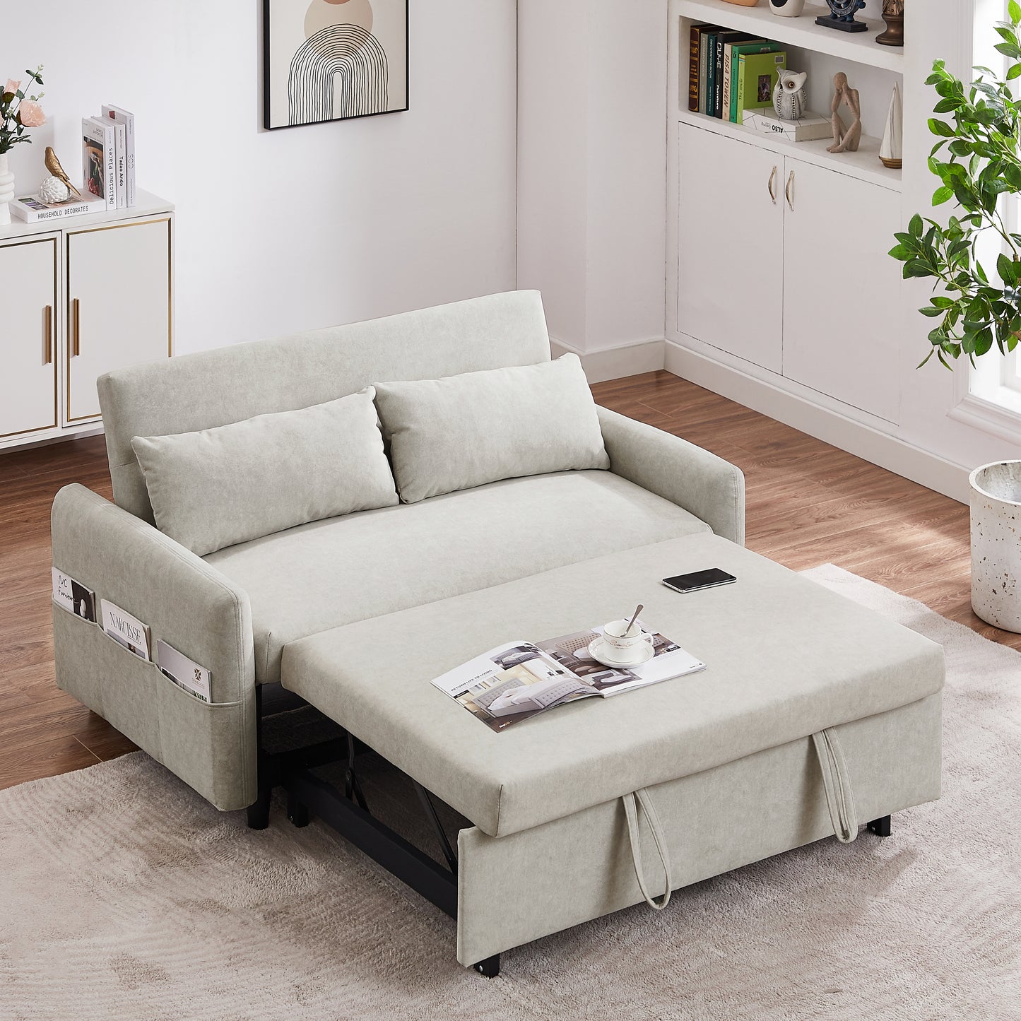 55.1" Pull Out Sleep Sofa Bed Loveseats Sofa Couch with Adjsutable Backrest, Storage Pockets, 2 Soft Pillows, USB Ports for Living Room, Bedroom, Apartment, Office, Beige (Old SKU: WF315689AAA)