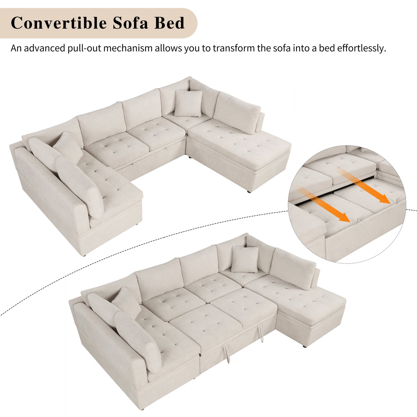 117.3" Oversized Sectional Sofa U- shaped Sofa Couch Pull-out Sofa Bed with Two Throw Pillows for Living Room, Beige