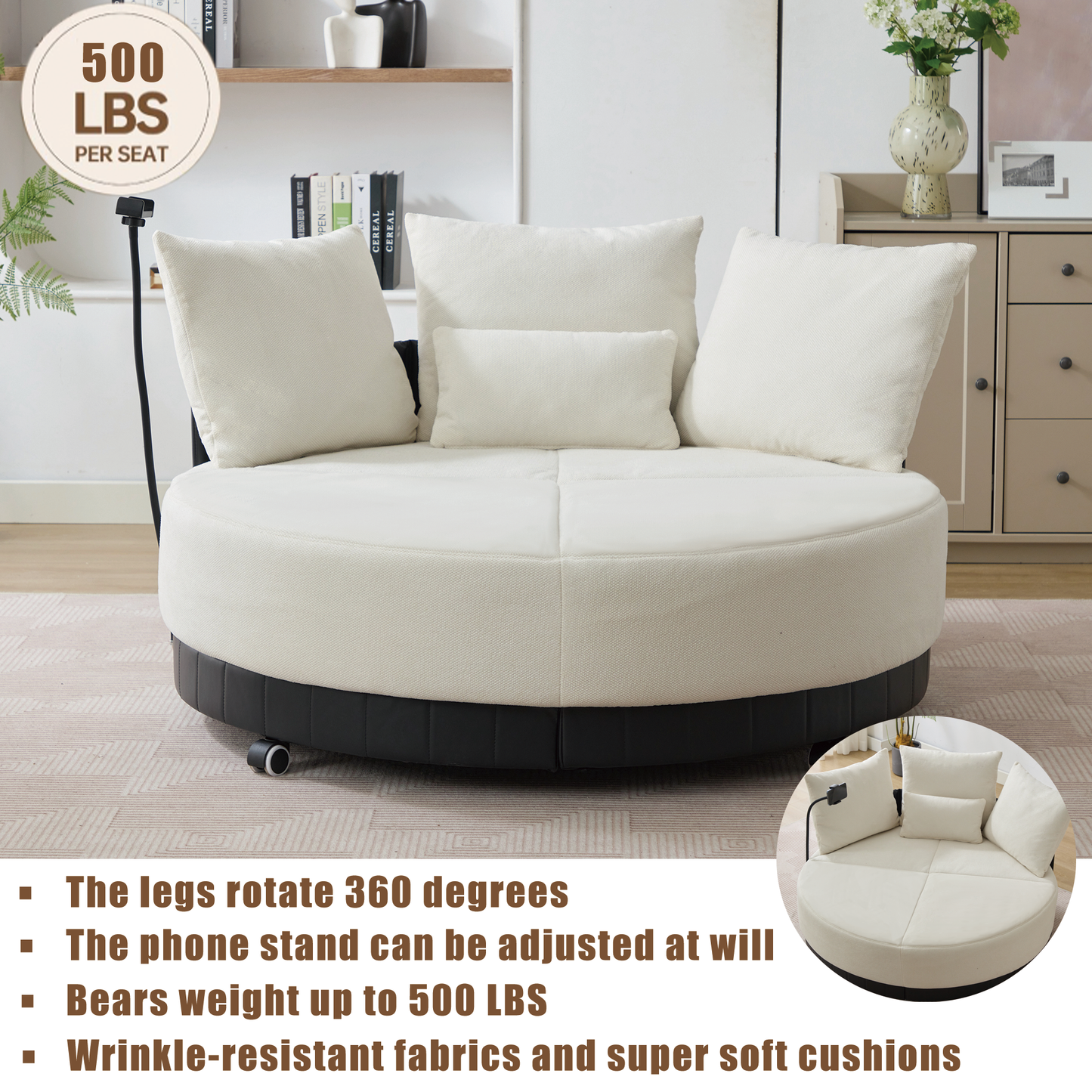 [NEW ARRIVED] [VIDEO PROVIDED]52.75'' Oversized Round Swivel  Chair,360° Swivel Chair, Couples chair,Adjustable phone stand,Swivel Chair,Rotating pulley,Polyester(Anti-Wrinkle),Beige