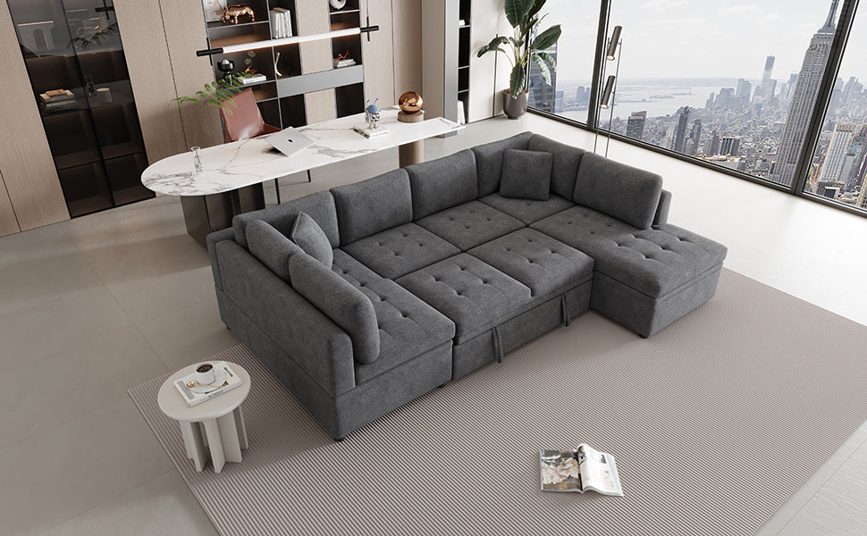 117.3" Oversized Sectional Sofa U- shaped Sofa Couch Pull-out Sofa Bed with Two Throw Pillows for Living Room, Gray