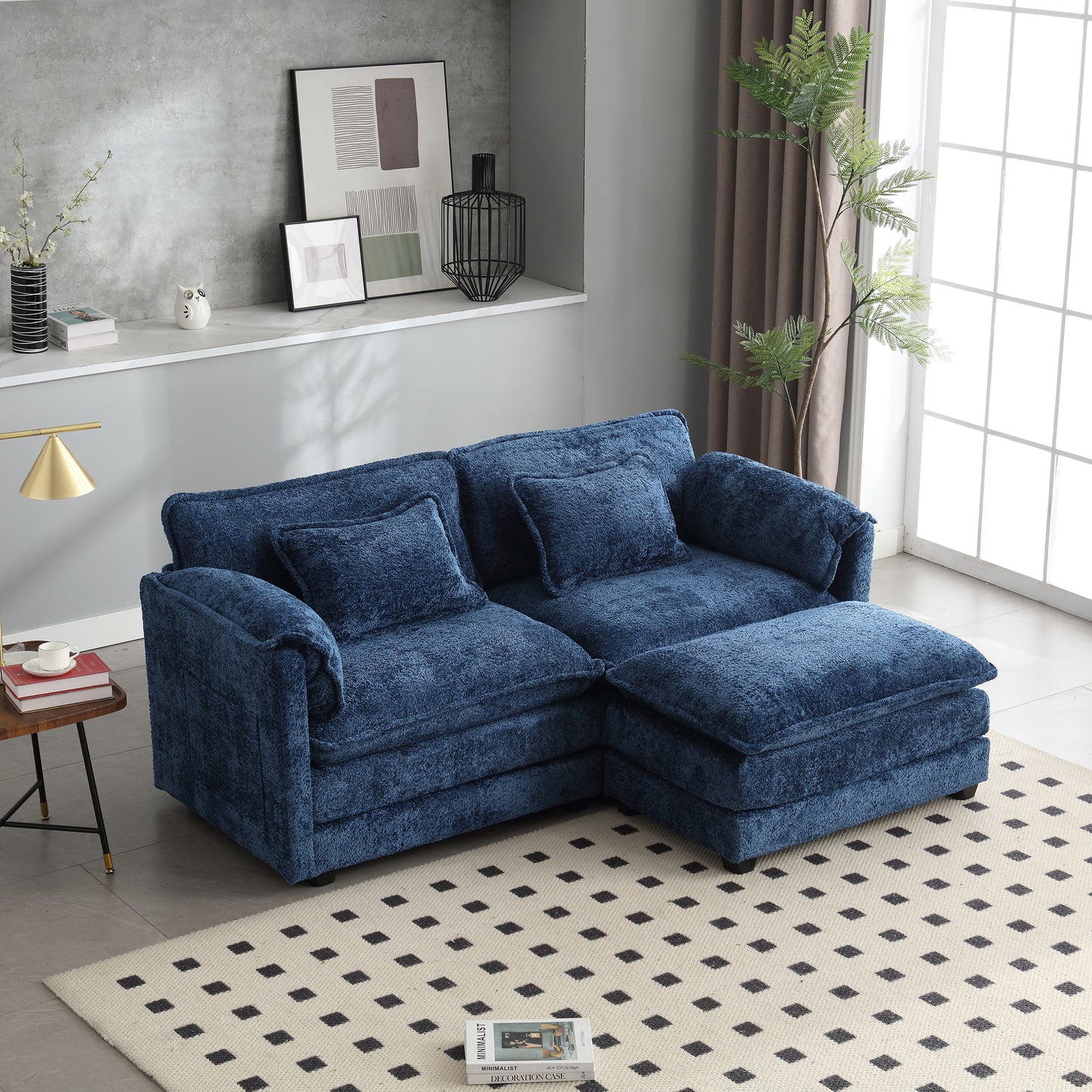 UNITED WE WIN Chenille fabric, removable armrests with side pockets, high density sponge filling, oversized double sofa with footstool