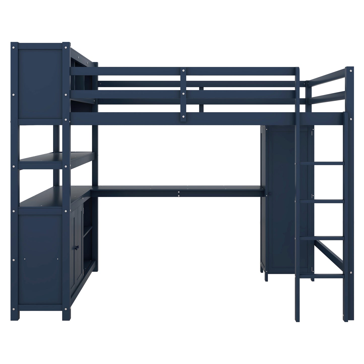 Wood Loft Bed with Cabinet and Bookshelf, Full Size Loft with Wardrobe and Desk for Kids,Dark Blue(Expect Arrival Date 2024/8/25)