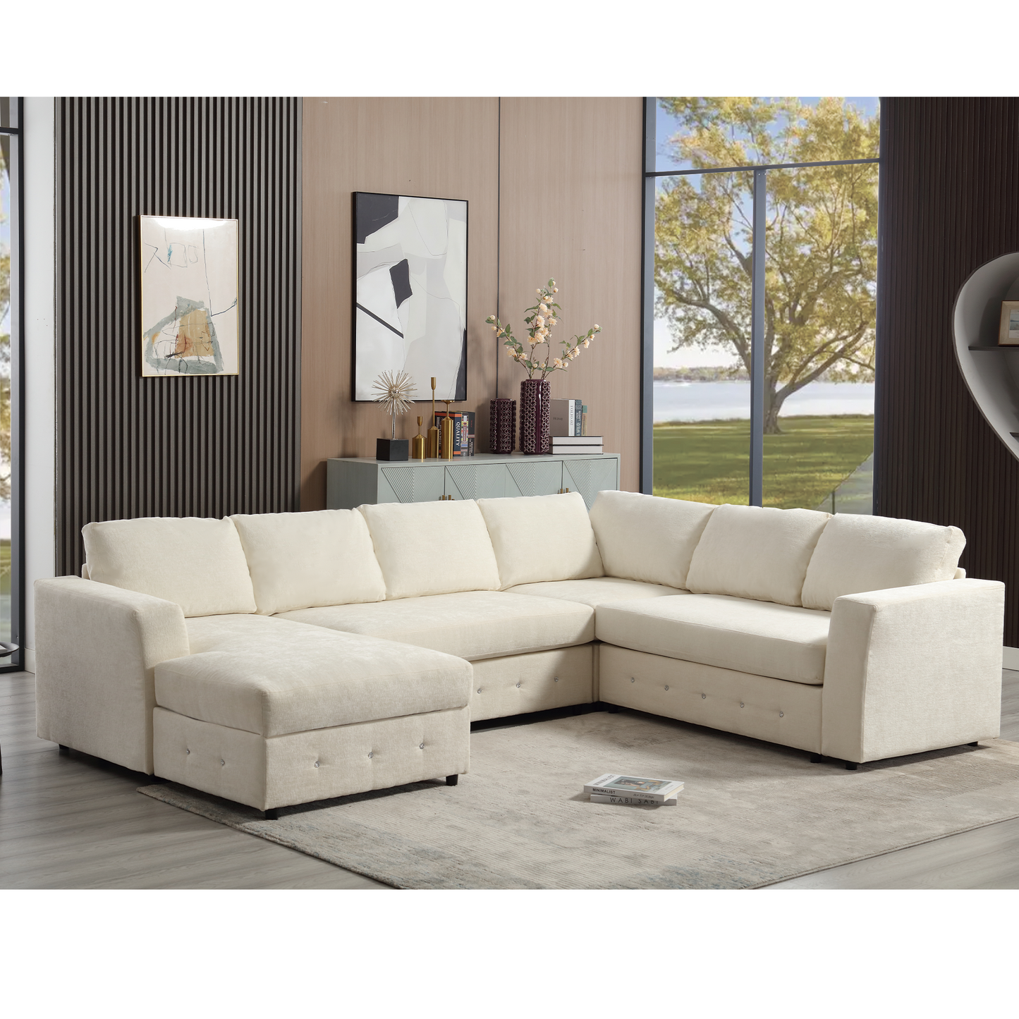 [NEW ARRIVED] [VIDEO PROVIDED]110.75" Sectional Sofa,Oversized modular sofa,Chaise Storage, Modern U Shaped  Couch , Upholstered Sofas,Chenille,Crystal button , Living Room, Apartment,  Beige