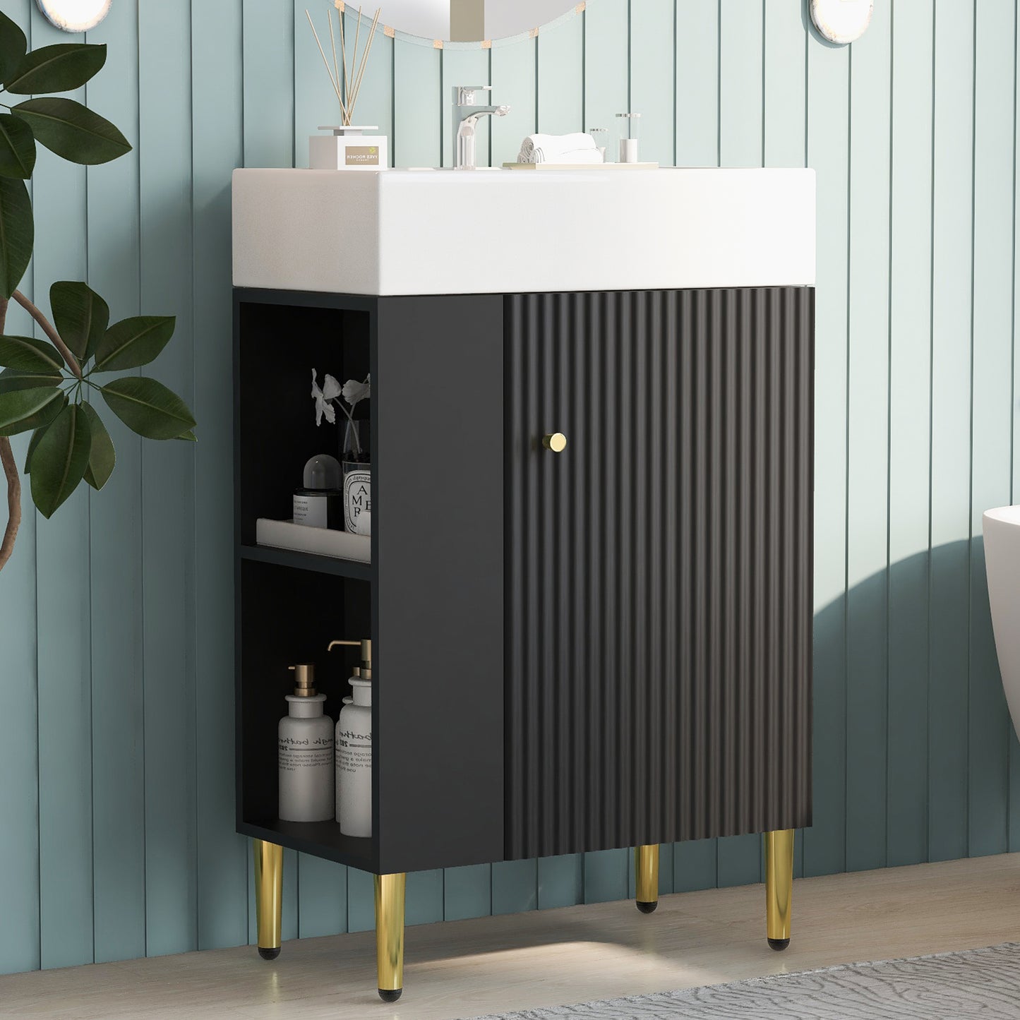 21.6" Black Bathroom vanity, Combo Cabinet, Bathroom Storage Cabinet, Single Ceramic Sink, Left side storage