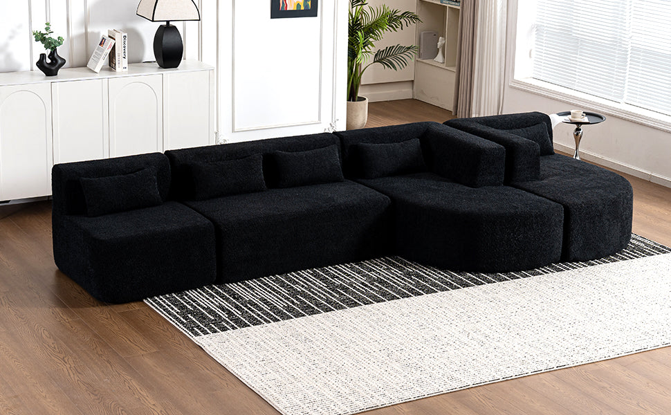 143.7" Upholstered Sofa Free-combined Sofa Couch with Two Chaise Lounge and Five Back Pillows for Living Room, Black