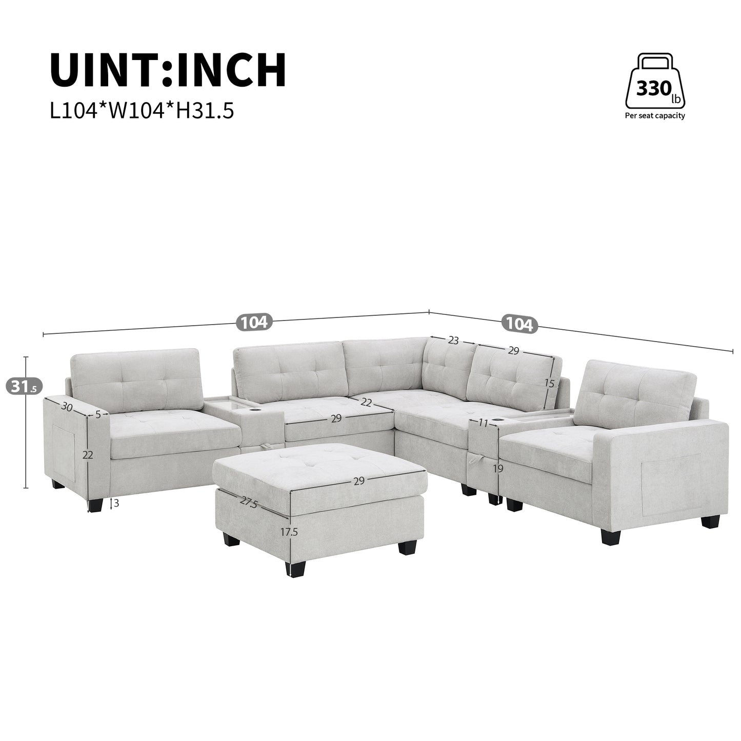 [Video]104'' Sectional Sofa with Acrylic Table Top,Chenille U Shaped Couch Set with 2 Consoles,USB Charger,Storage Drawers and Pockets,Movable Ottoman,Tufted Sofa for Living Room,Apartment,2 Colors