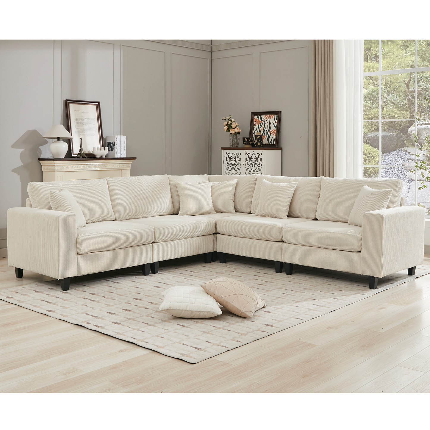 [NEW PACKAGING UPGRADE]Oversized Modular Sectional Sofa Set, L Shaped Couch,Corduroy ,Upholstered,Deep Seat,,5 Seat,5 Throw pillow and 6 back cushion,Living Room, Apartment ,Beige