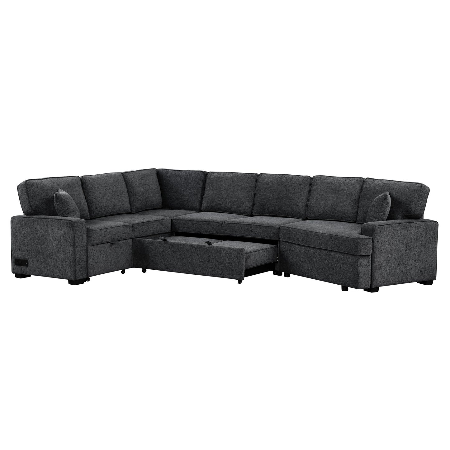 126" L-shaped Sofa Sectional Sofa Couch Pull-out Sofa Bed with Charging Devices and Cup Holders for Living Room, Blue Black