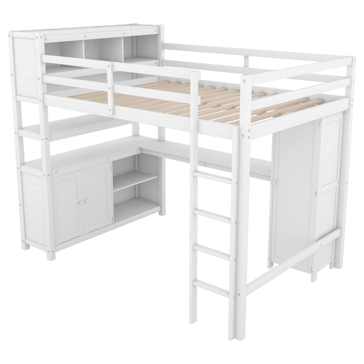 Wood Loft Bed with Cabinet and Bookshelf, Full Size Loft with Wardrobe and Desk for Kids,White (Expect Arrival Date 2024/8/25)