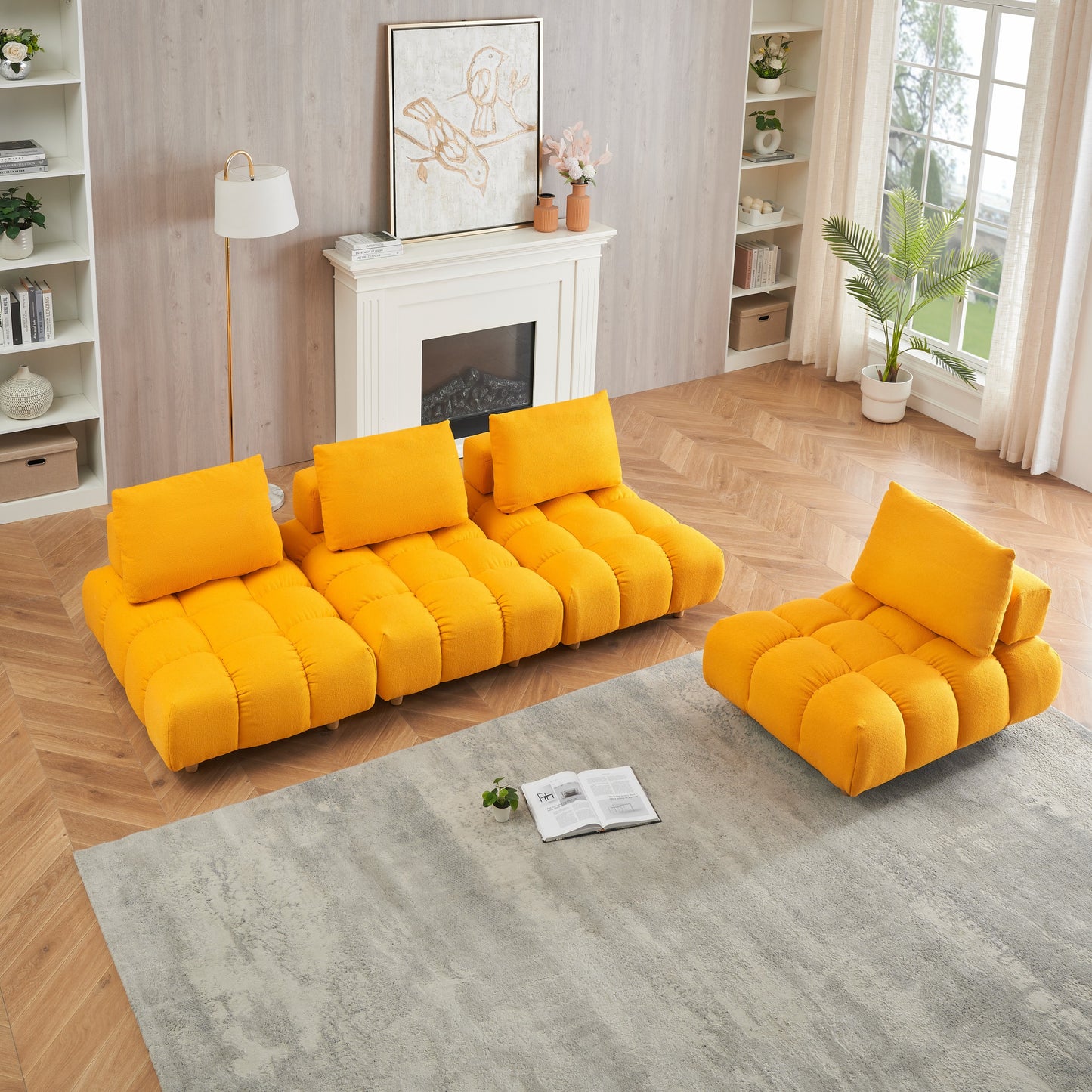 120 inches long, Teddy Sofa Fabric, with spacious and comfortable seats, for Apartment Office Living Room -Yellow