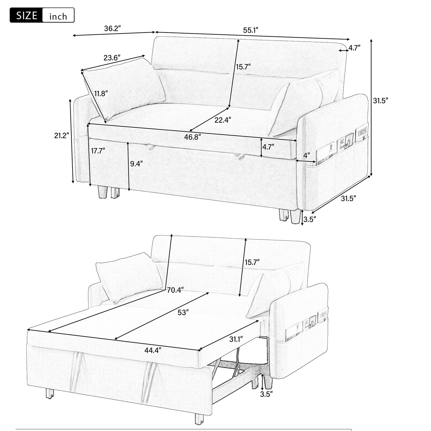 55.1" Pull Out Sleep Sofa Bed Loveseats Sofa Couch with Adjsutable Backrest, Storage Pockets, 2 Soft Pillows, USB Ports for Living Room, Bedroom, Apartment, Office, Blue (Old SKU: WF315689AAC)