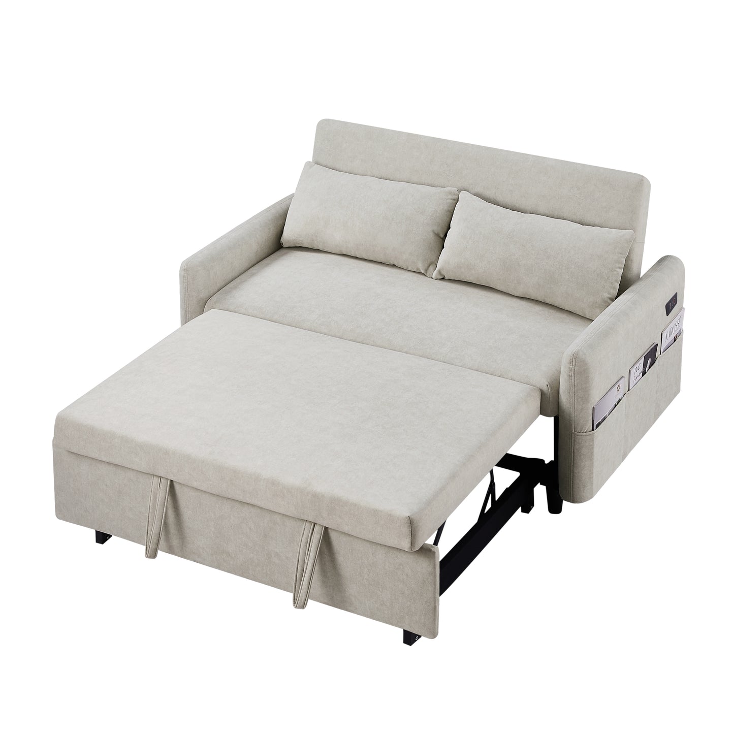 55.1" Pull Out Sleep Sofa Bed Loveseats Sofa Couch with Adjsutable Backrest, Storage Pockets, 2 Soft Pillows, USB Ports for Living Room, Bedroom, Apartment, Office, Beige (Old SKU: WF315689AAA)