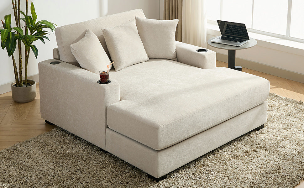 55" Oversized Chaise Lounger Modern Style Sofa Couch ,with Pillows, Charge Station & Cup Holders, Chenille Fabric, Cream