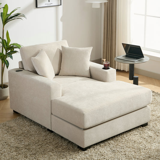 43.5" Oversized Chaise Lounger Modern Style Sofa Couch ,with Pillows, Charge Station & Cup Holders, Chenille Fabric, Cream