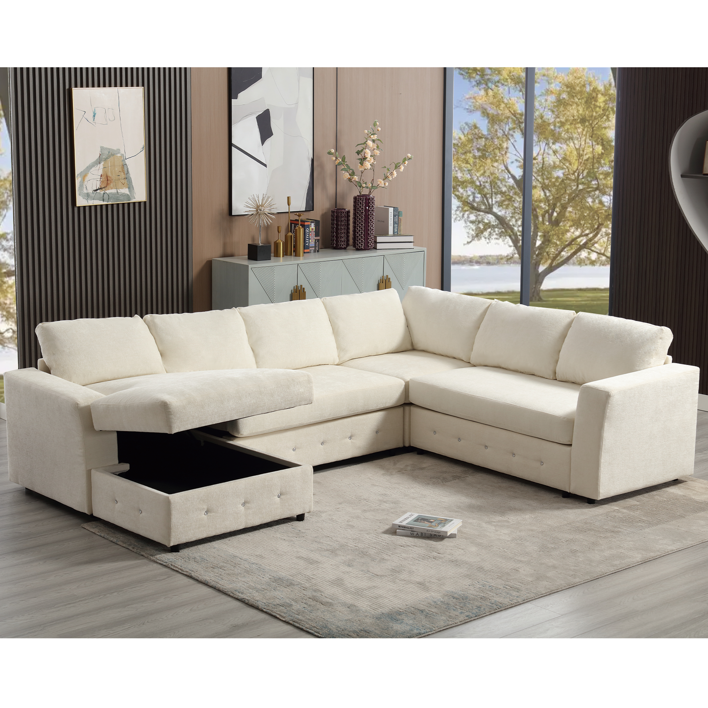 [NEW ARRIVED] [VIDEO PROVIDED]110.75" Sectional Sofa,Oversized modular sofa,Chaise Storage, Modern U Shaped  Couch , Upholstered Sofas,Chenille,Crystal button , Living Room, Apartment,  Beige