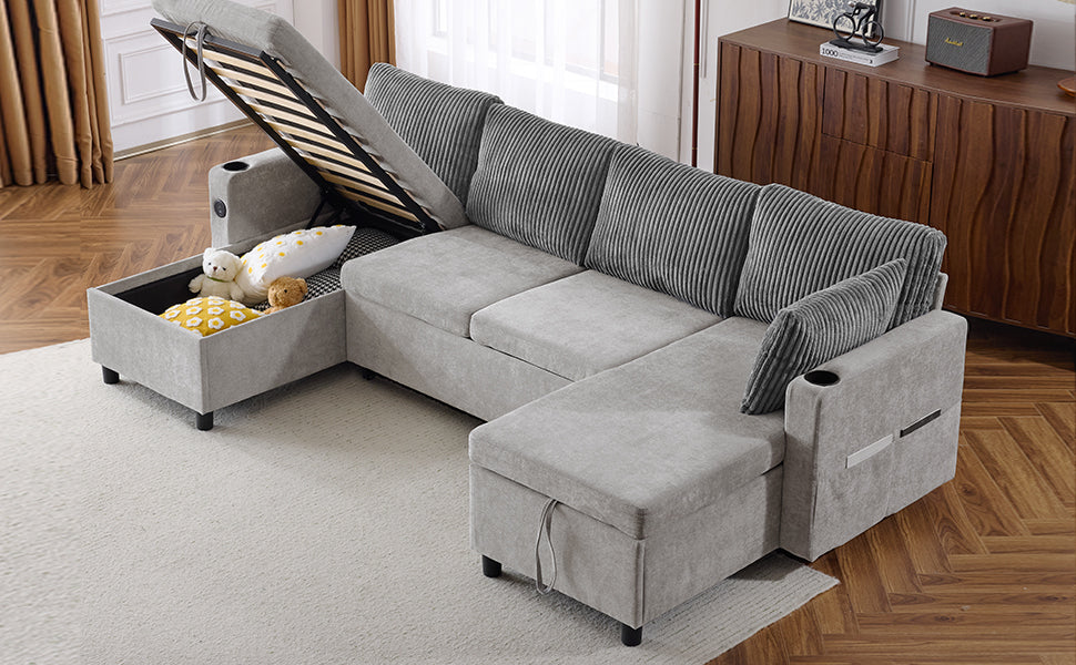 111.8" Sectional Sofa Pull-out Sofa Bed Versatile Sofa Sleeper with Large Storage Space, Two USB Ports and Two Cup Holders for Living Room, Grey