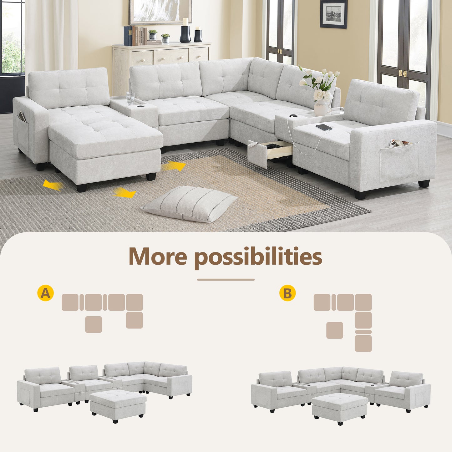 [Video]104'' Sectional Sofa with Acrylic Table Top,Chenille U Shaped Couch Set with 2 Consoles,USB Charger,Storage Drawers and Pockets,Movable Ottoman,Tufted Sofa for Living Room,Apartment,2 Colors