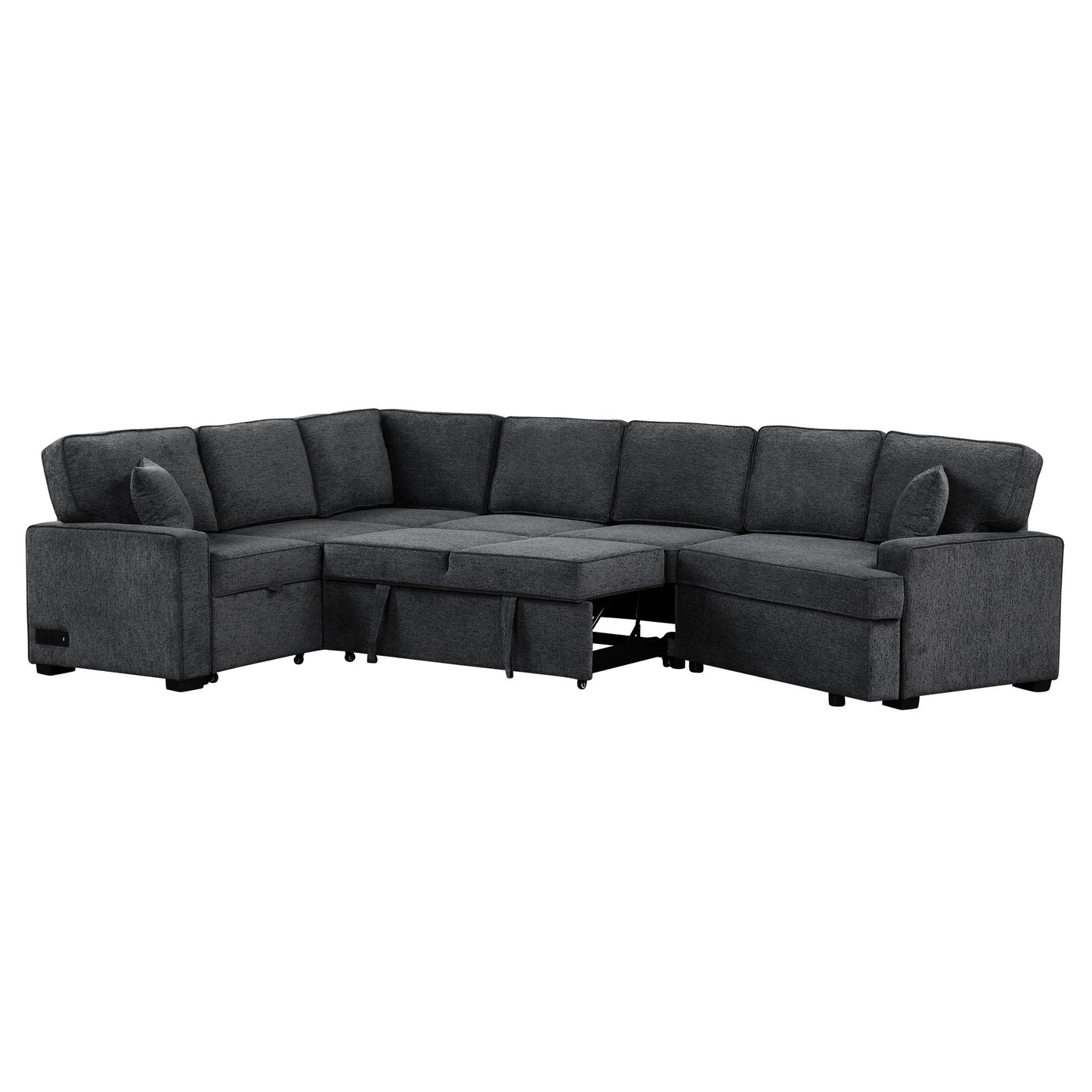 126" L-shaped Sofa Sectional Sofa Couch Pull-out Sofa Bed with Charging Devices and Cup Holders for Living Room, Blue Black