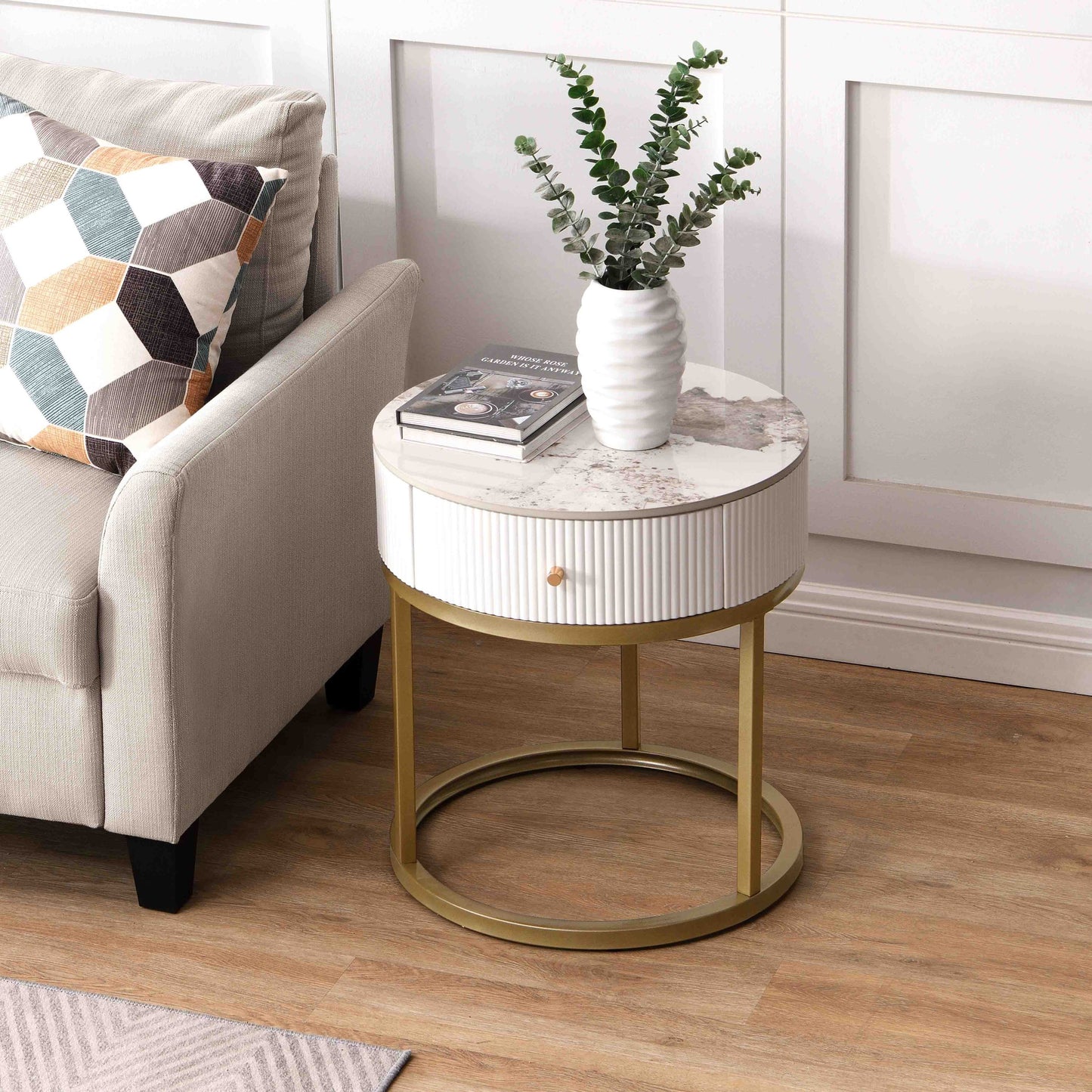 19.68 Inch Modern Nightstand with Drawer, Marble Round End Table with storage, Side Table for Living Room&Bedroom