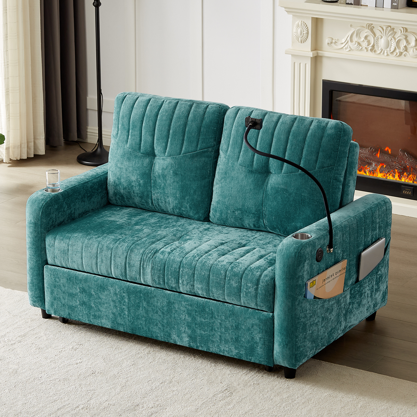 53.9" Modern Loveseat Pull-out Sofa Bed with Adjustable Backrest, Two Cup Holders , a Phone Holder, Three Charging Ports and Side Storage Pockets for Living Room, Teal