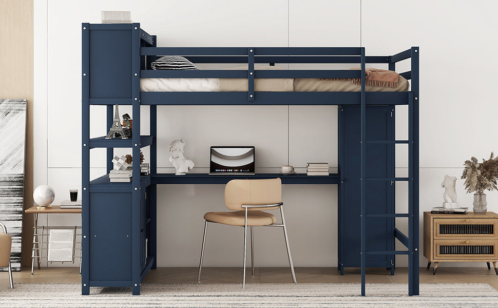 Wood Loft Bed with Cabinet and Bookshelf, Full Size Loft with Wardrobe and Desk for Kids,Dark Blue(Expect Arrival Date 2024/8/25)