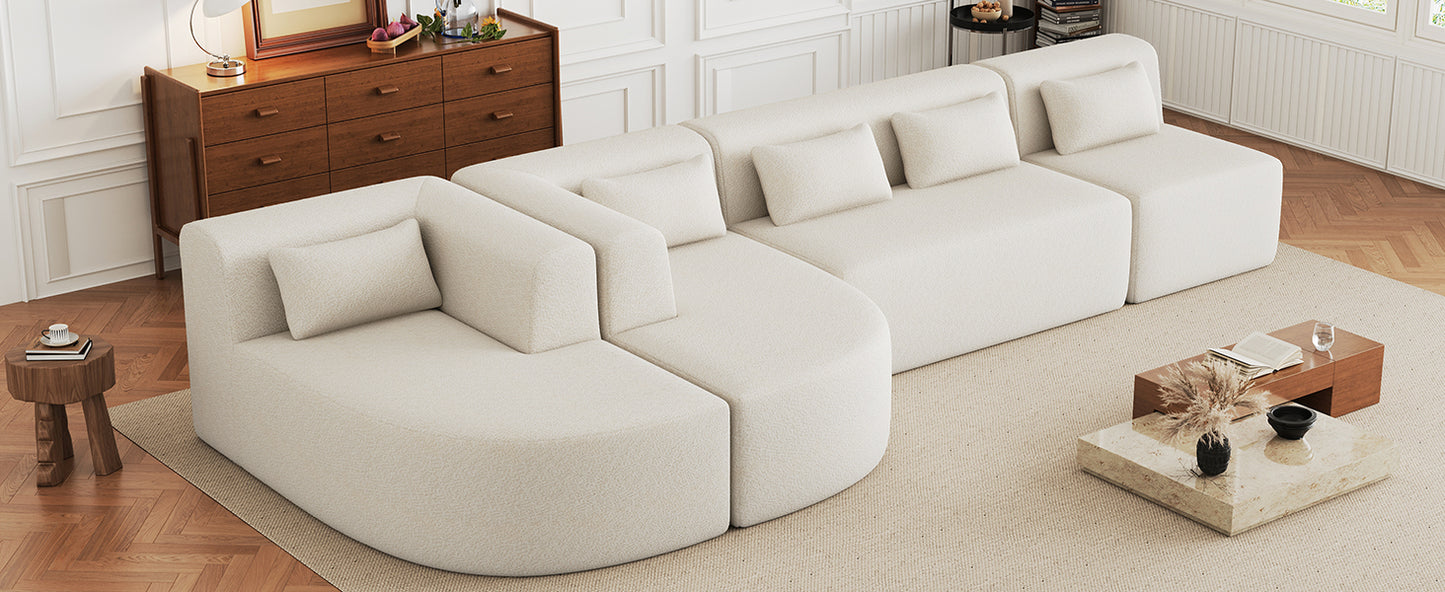 143.7" Upholstered Sofa Free-combined Sofa Couch with Two Chaise Lounge and Five Back Pillows for Living Room, Beige