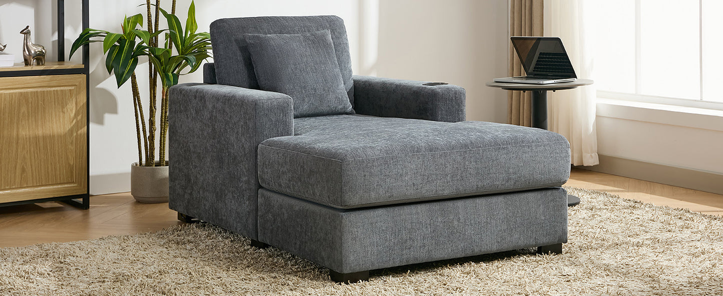 39.7" Oversized Chaise Lounger Modern Style Sofa Couch ,with Pillows, Charge Station & Cup Holders, Chenille Fabric, Blue Gray