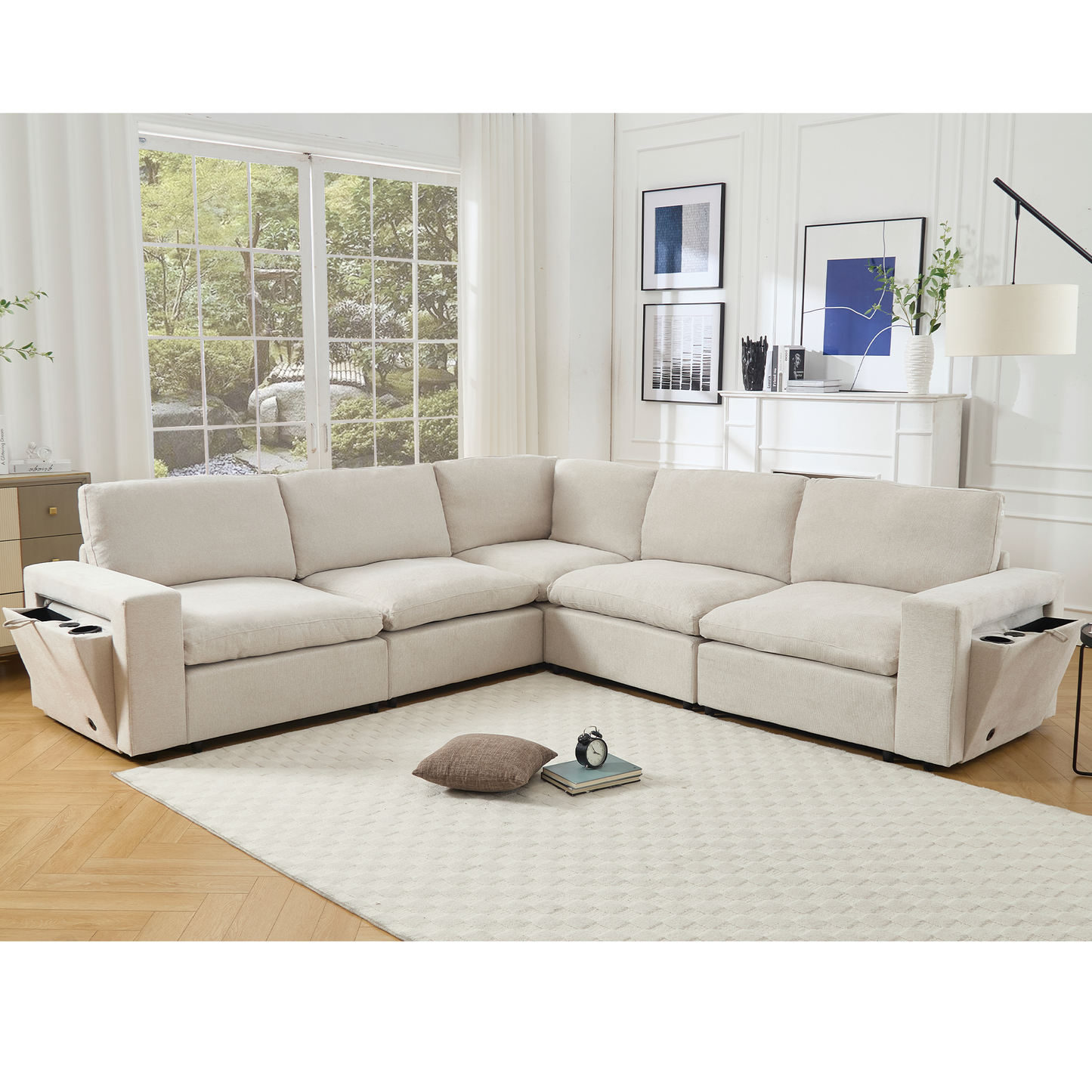 [NEW ARRIVED] [VIDEO PROVIDED]Sectional Couches For Living Room,Modular Couch,Wireless Charging Port & Cup Holders,5-seat ,DIY Combination,L-shaped Sofa,Book Storage Space,Soft Linen Fabric,Beige