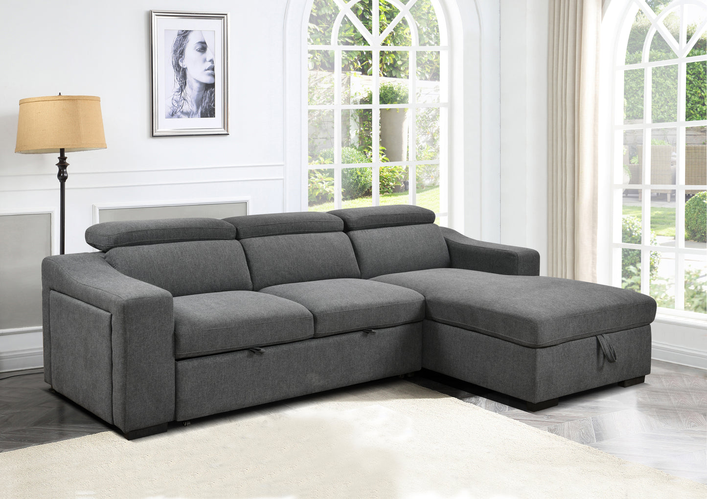 103'' inch Convertible Sectional Sofa with Storage Chaise, Adjustable Headrests, L-shaped Sleeper Corner Sectional Sofa with a Pull-Out Bed ,a USB Charging,and a Cup Holder,Dark Gray