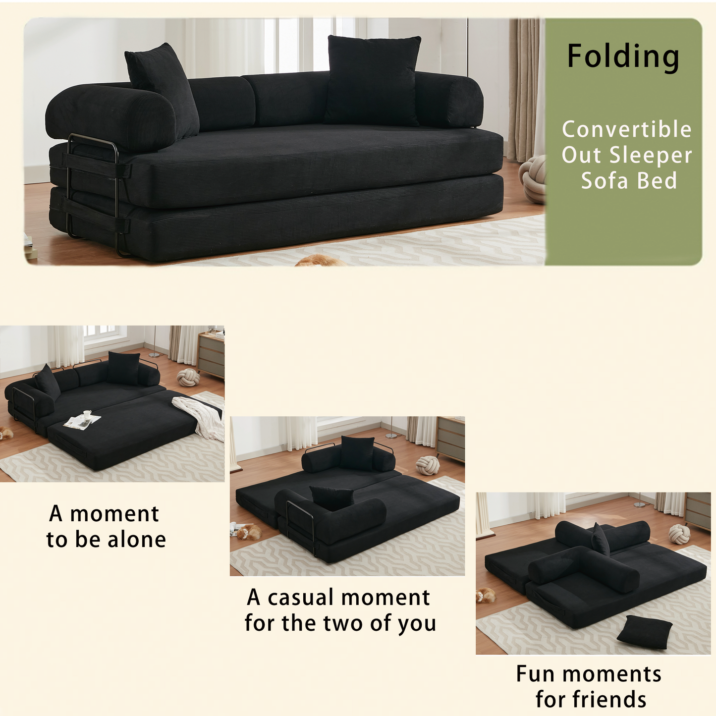 [NEW ARRIVED] [VIDEO PROVIDED] 78.5" Folding Convertible Out Sleeper Sofa Bed,4-in-1 DIY Combination Convertible Sofa,3 seat, Folding  Sofa, King Size , Bedroom,Apartment,Corduroy,Green,Black