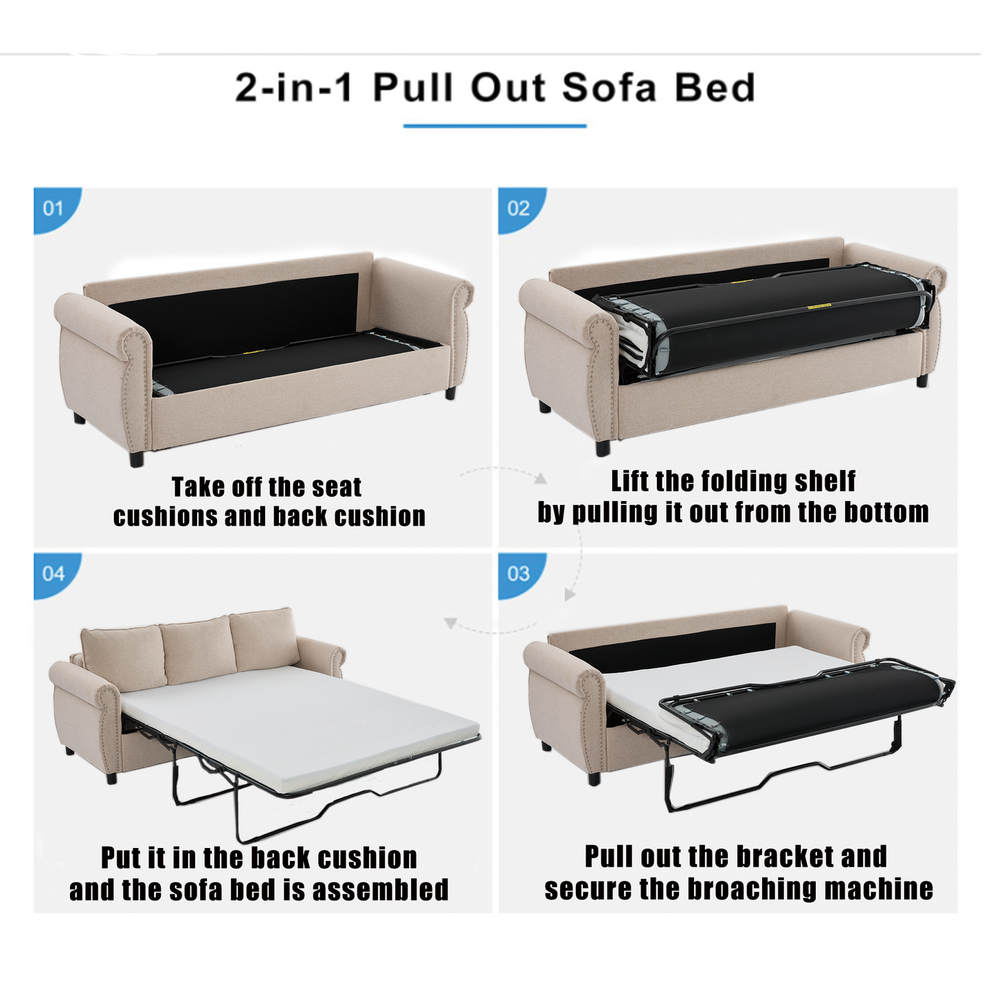 [NEW ARRIVED] [VIDEO PROVIDED] 81.5" 2-in-1 Queen  Convertible Sleeper Sofa Bed,  Pull Out Couch Bed,3 seater sofa bed,with 3.35" Memory Foam Mattress ,Rivet handrail,Living Room, Apartment,  Beige