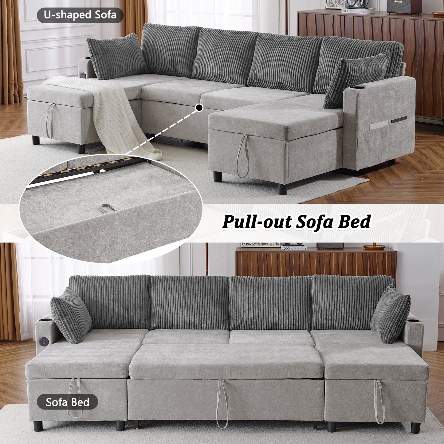 111.8" Sectional Sofa Pull-out Sofa Bed Versatile Sofa Sleeper with Large Storage Space, Two USB Ports and Two Cup Holders for Living Room, Grey