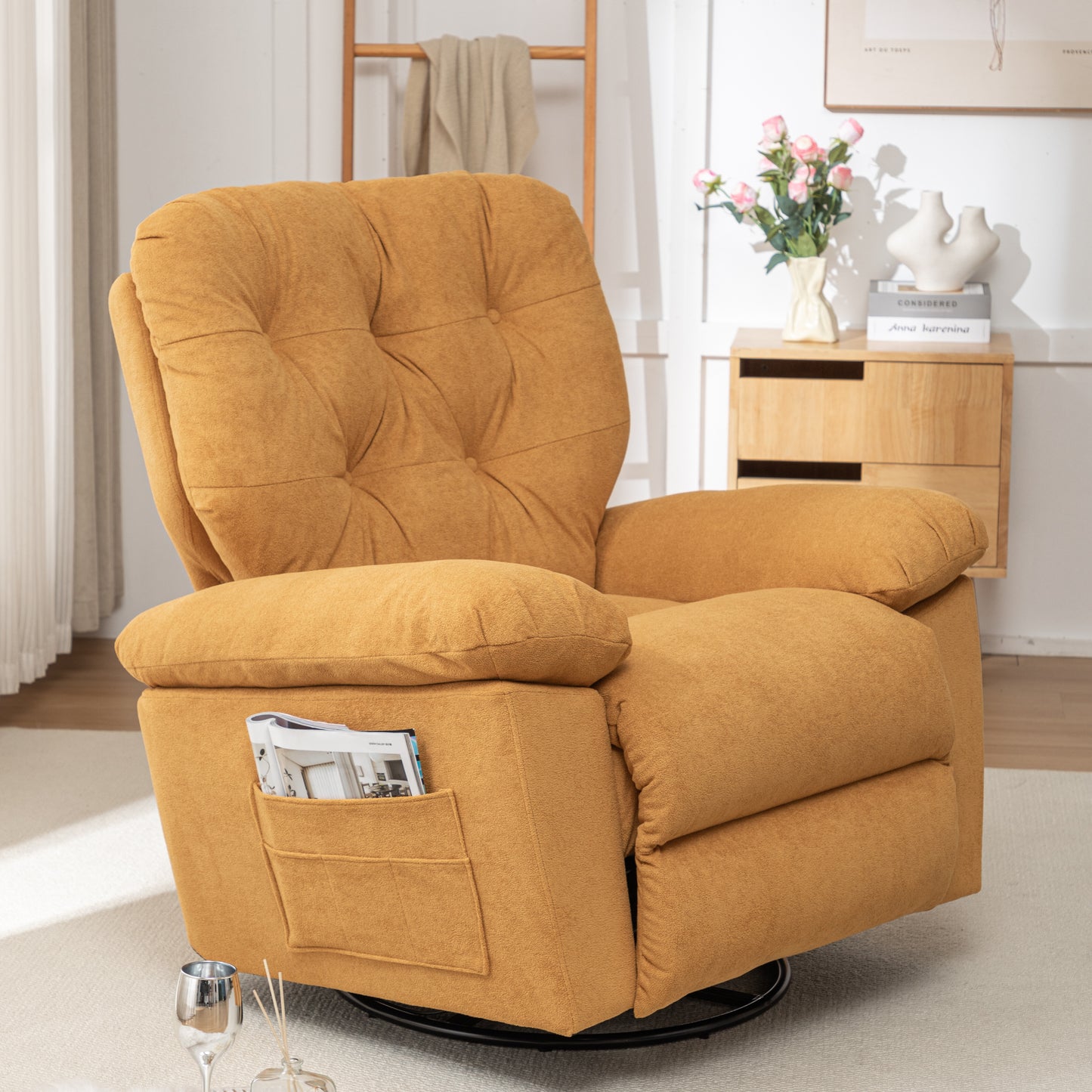 Yellow Relaxing Recliner Chair,Soft Artificial Fleece, Overstuffed, Swivel, Glider, Side Pocket