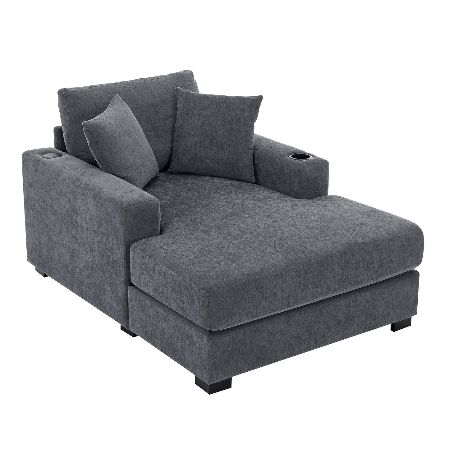 43.5" Oversized Chaise Lounger Modern Style Sofa Couch ,with Pillows, Charge Station & Cup Holders, Chenille Fabric, Blue Gray