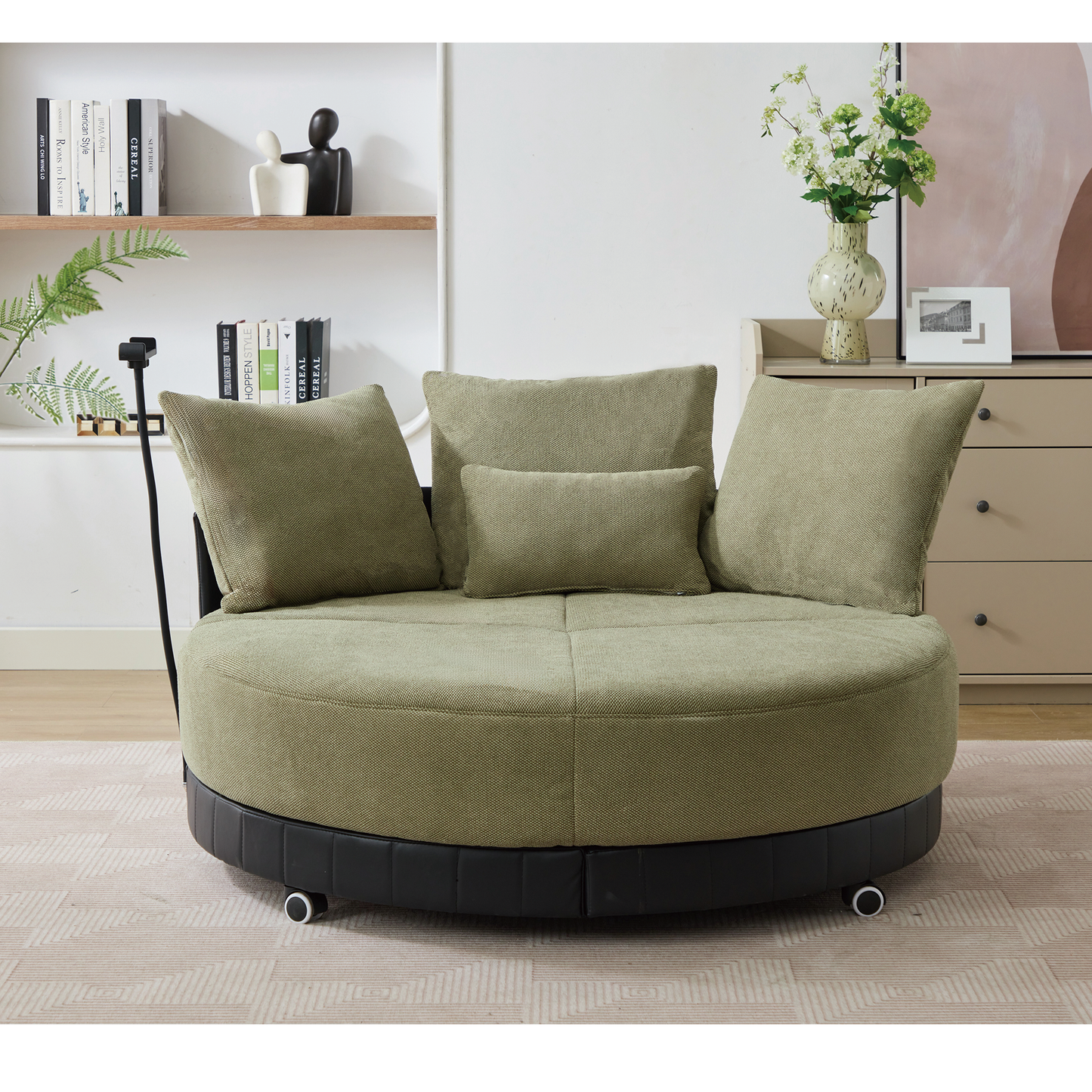 [NEW ARRIVED] [VIDEO PROVIDED]52.75'' Oversized Round Swivel  Chair,360° Swivel Chair, Couples chair,Adjustable phone stand,Swivel Chair,Rotating pulley,Polyester(Anti-Wrinkle),Green