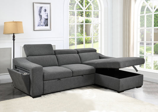 103'' inch Convertible Sectional Sofa with Storage Chaise, Adjustable Headrests, L-shaped Sleeper Corner Sectional Sofa with a Pull-Out Bed ,a USB Charging,and a Cup Holder,Dark Gray