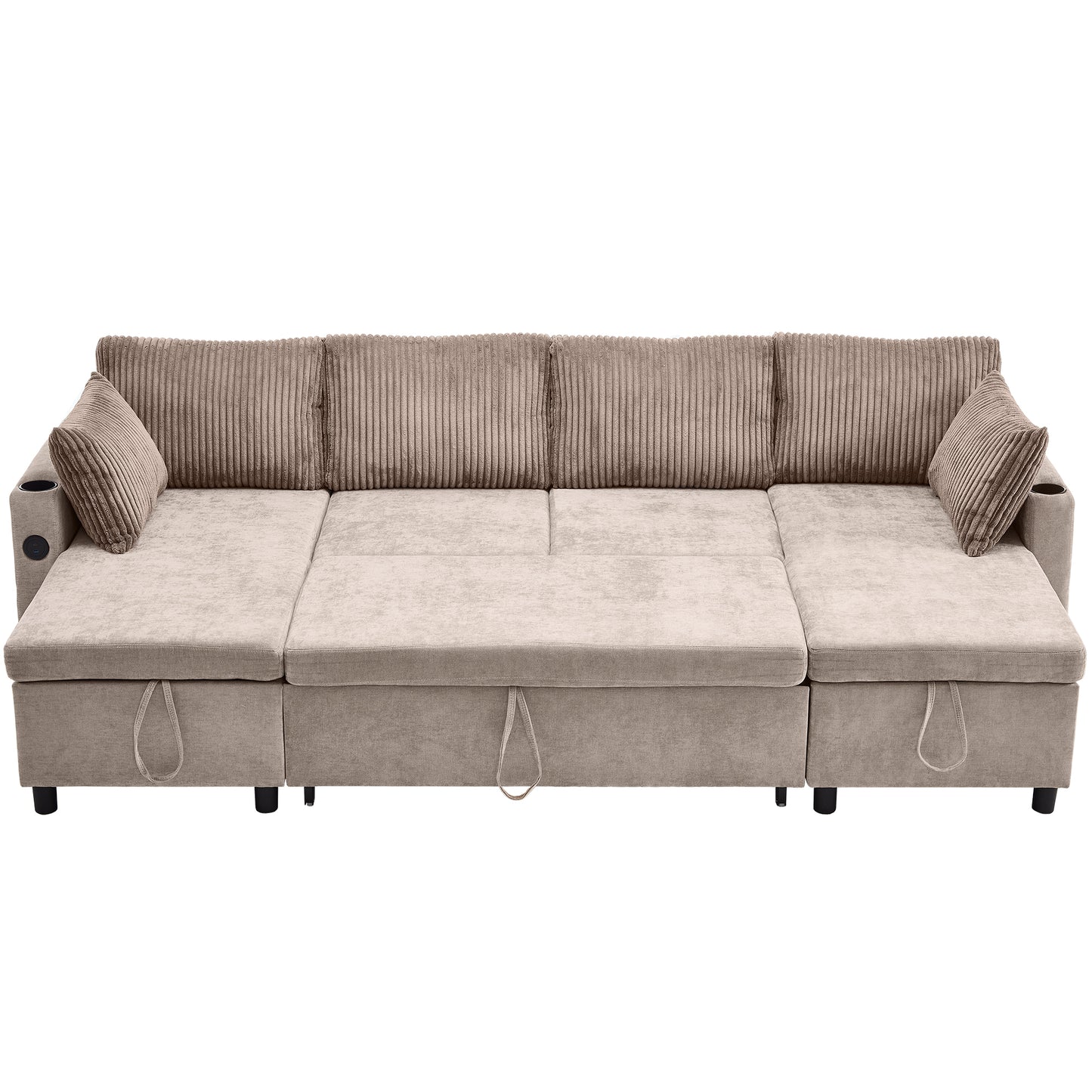 111.8" Sectional Sofa Pull-out Sofa Bed Versatile Sofa Sleeper with Large Storage Space, Two USB Ports and Two Cup Holders for Living Room, Brown