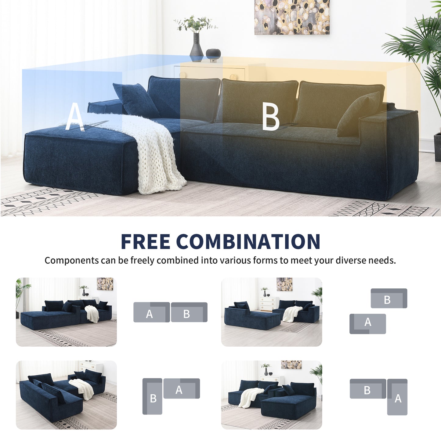 [VIDEO+New] 111.5*72" Minimalist Style Modular Sectional Sofa,Wrinkle-resistant Chenille Couch Set,L-Shaped Compressed Sofa for Living Room,2 PIC Free Combination,No Assembly Require,3 Colors