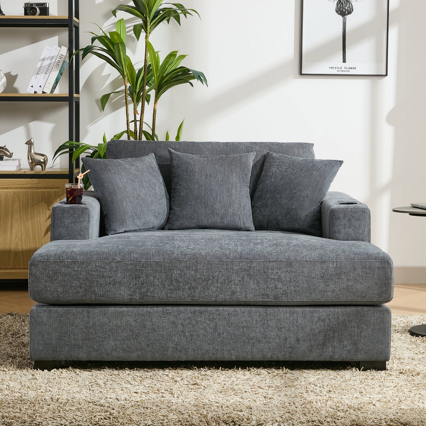 55" Oversized Chaise Lounger Modern Style Sofa Couch ,with Pillows, Charge Station & Cup Holders, Chenille Fabric, Blue Gray