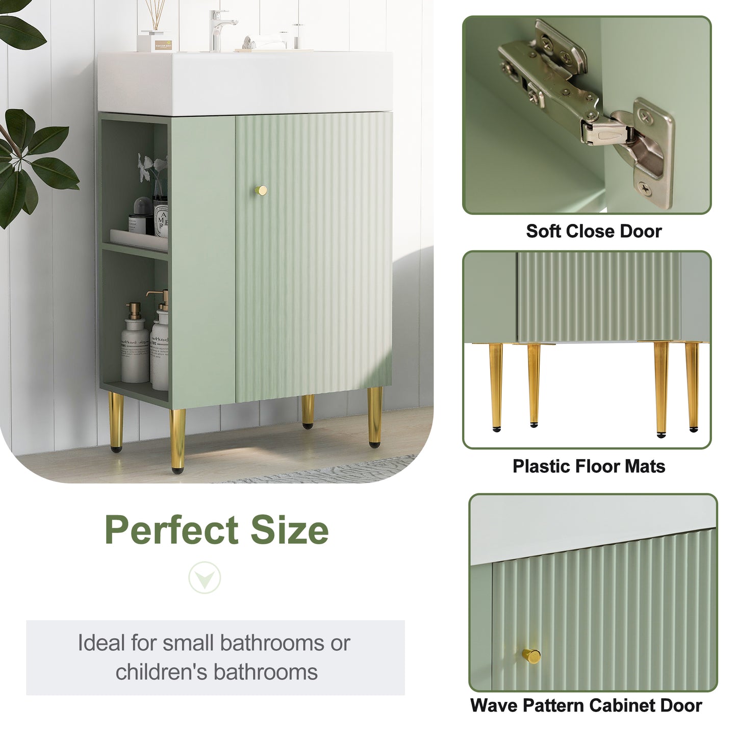 21.6" Green Bathroom vanity, Combo Cabinet, Bathroom Storage Cabinet, Single Ceramic Sink, Left side storage