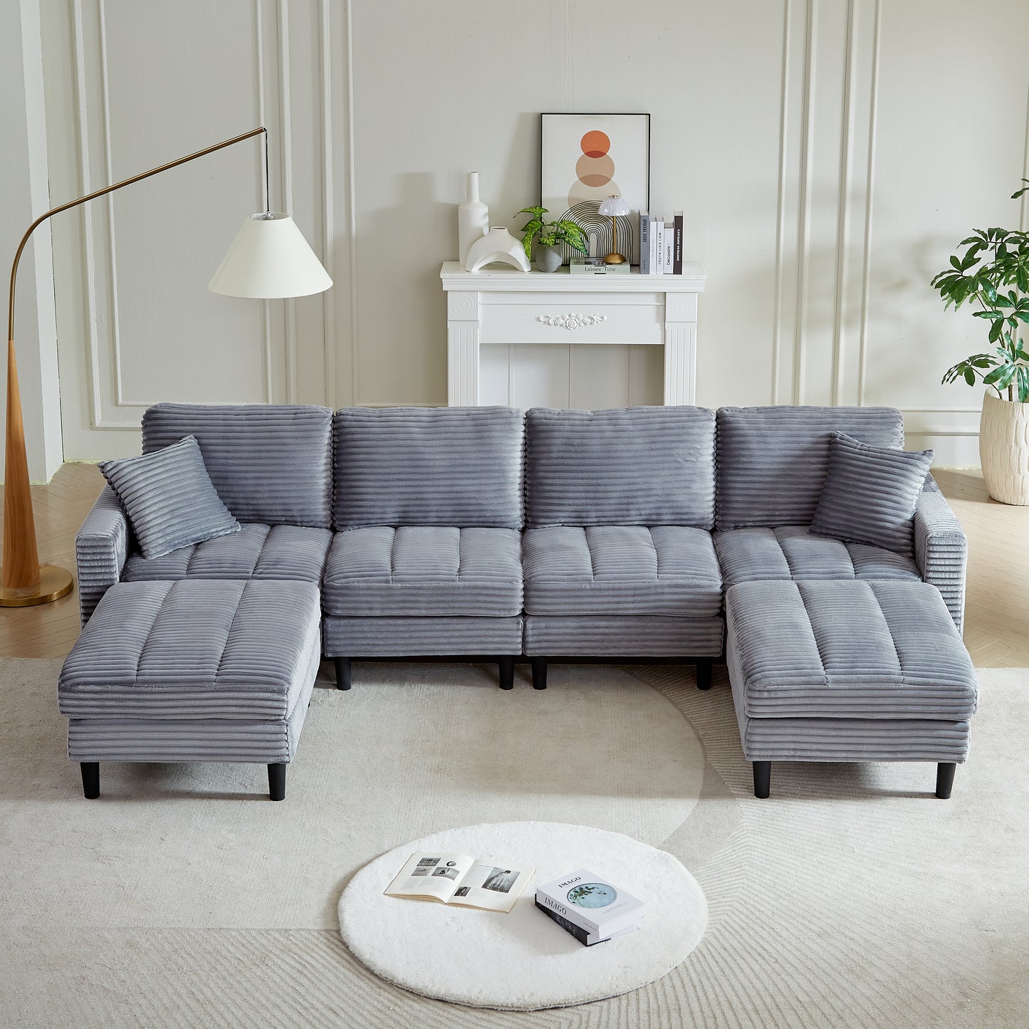 122.5-Inch Oversized U-Shaped Modular Sofa, Corduroy Fabric Sofa, Living Room Sectional Sofa with 2 Pillows, Two ottoman, plastic leg, Grey