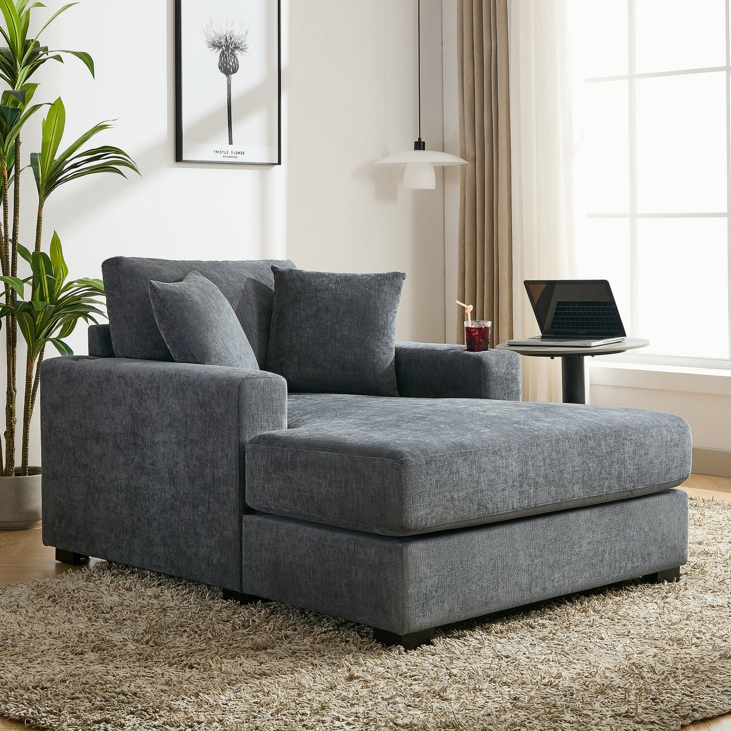 43.5" Oversized Chaise Lounger Modern Style Sofa Couch ,with Pillows, Charge Station & Cup Holders, Chenille Fabric, Blue Gray