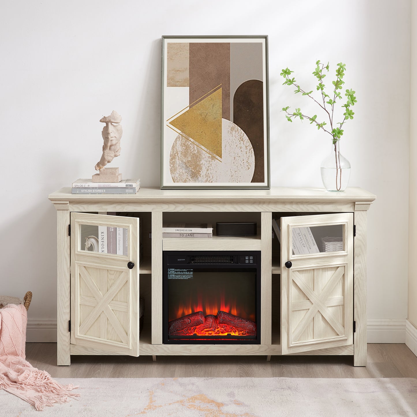 2 Doors Cabinet Farmhouse  Cabinet, Farmhouse TV Stand Barn Design,Modern Farmhouse TV Media Stand, Large Barn Inspired Home Entertainment Console with 18" fireplace insert,WHITE,60.23"W*15.35"D*31.7H