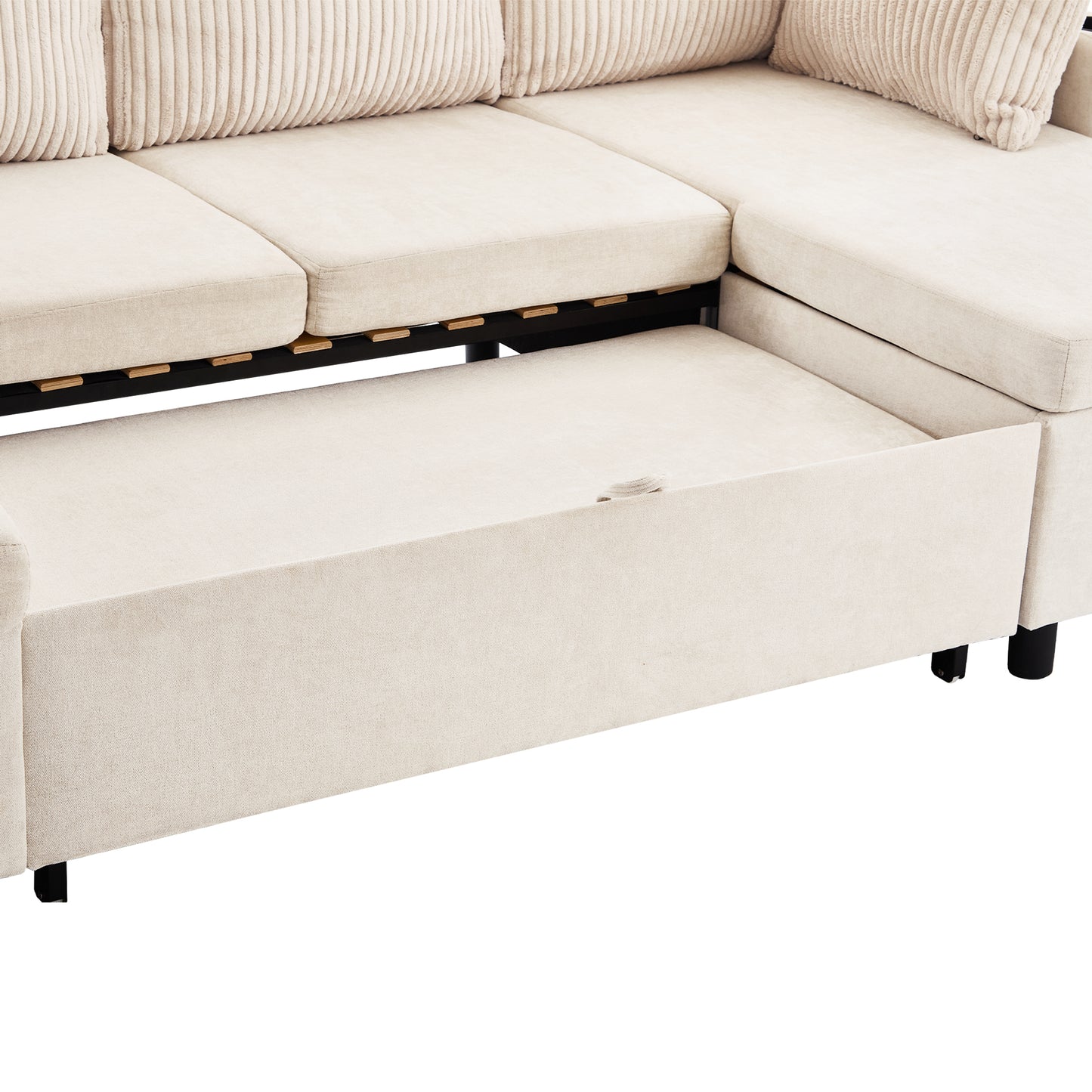 111.8" Sectional Sofa Pull-out Sofa Bed Versatile Sofa Sleeper with Large Storage Space, Two USB Ports and Two Cup Holders for Living Room, Beige