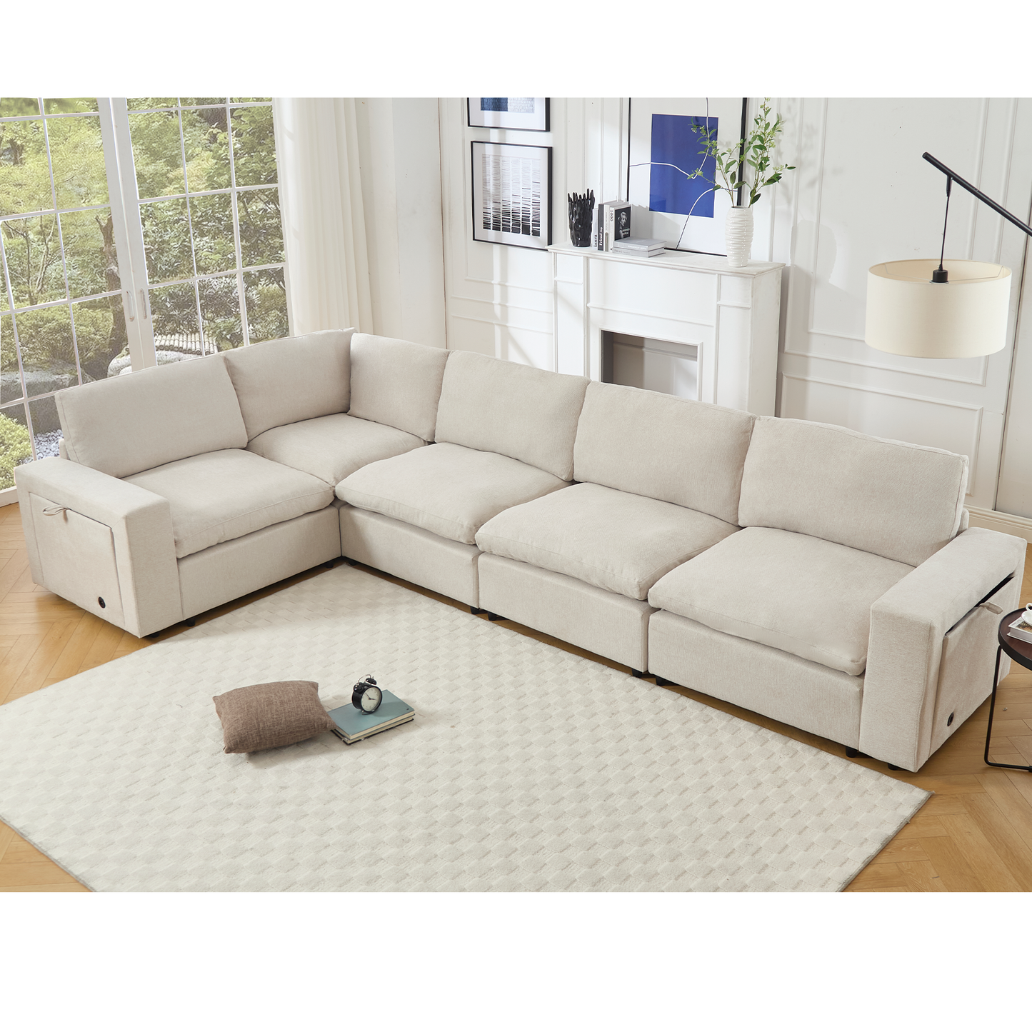 [NEW ARRIVED] [VIDEO PROVIDED]Sectional Couches For Living Room,Modular Couch,Wireless Charging Port & Cup Holders,5-seat ,DIY Combination,L-shaped Sofa,Book Storage Space,Soft Linen Fabric,Beige