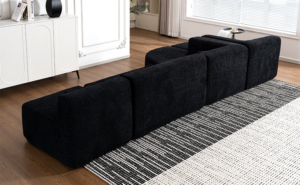 143.7" Upholstered Sofa Free-combined Sofa Couch with Two Chaise Lounge and Five Back Pillows for Living Room, Black