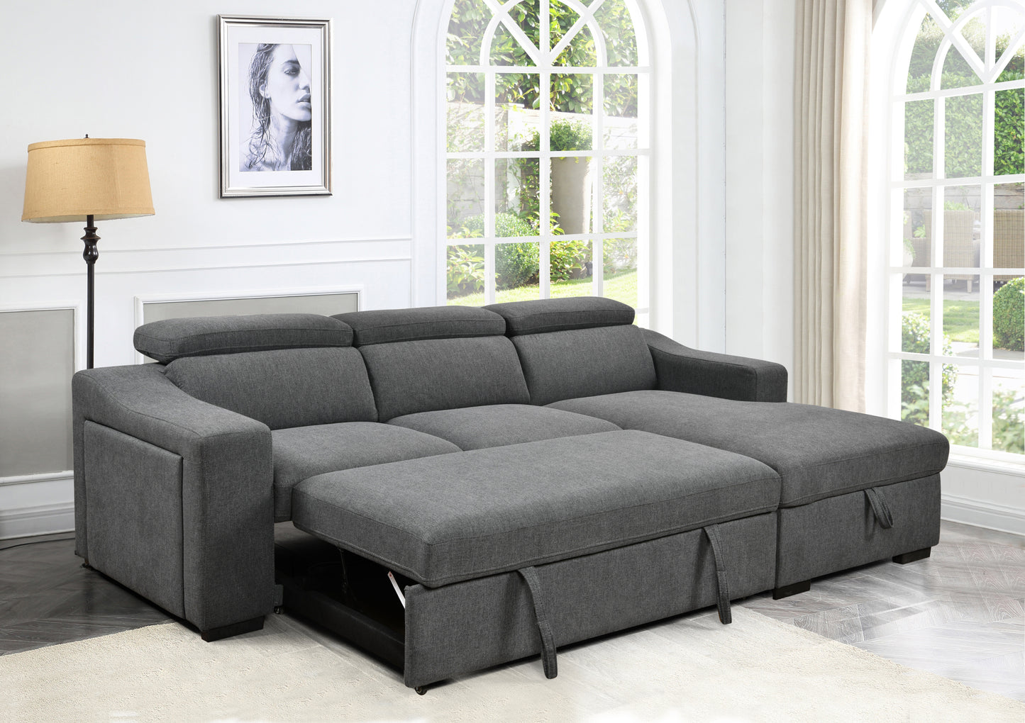 103'' inch Convertible Sectional Sofa with Storage Chaise, Adjustable Headrests, L-shaped Sleeper Corner Sectional Sofa with a Pull-Out Bed ,a USB Charging,and a Cup Holder,Dark Gray