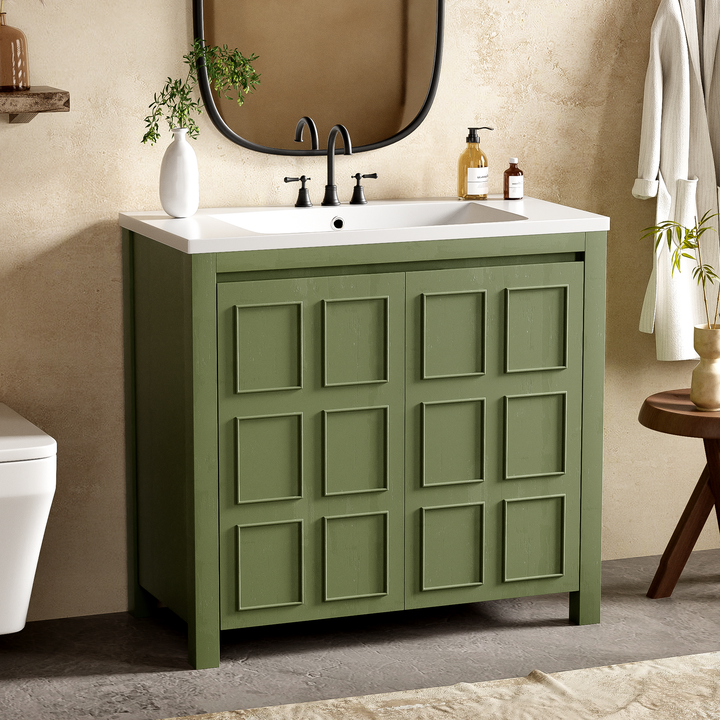 36" Bathroom Vanity Organizer with Sink, Combo Cabinet Set, Bathroom Storage Cabinet, Olive Green