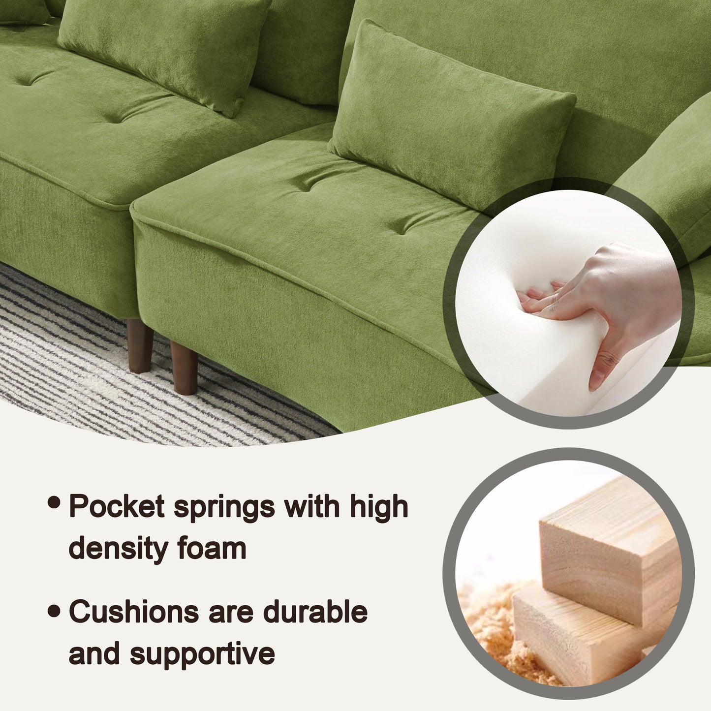 103 inch comfortable deep seated sofa with pillow, suitable for bedroom, living room, apartment, office, dormitory decoration